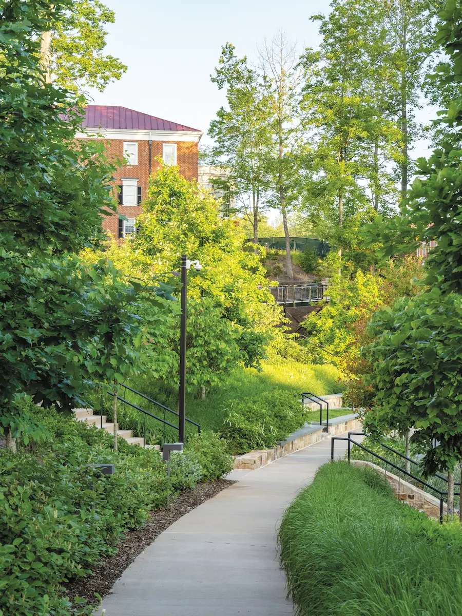 Outdoor view of a sidewalk running through Darden